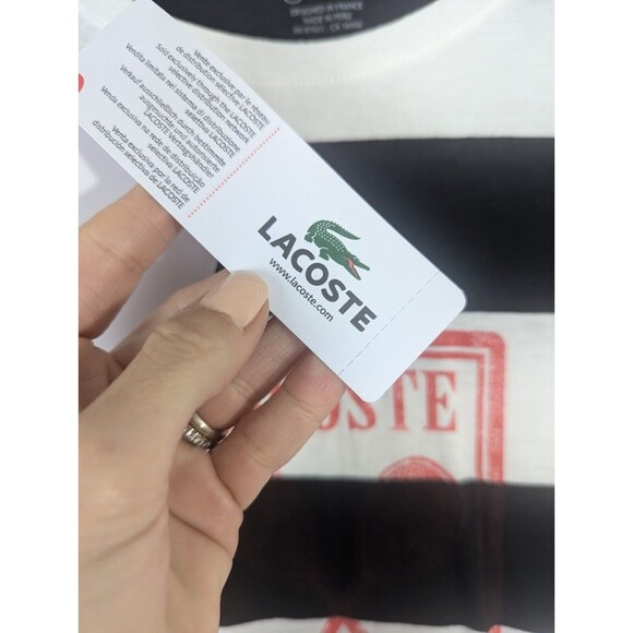 NWT Women's Lacoste Shirt Top Black Stripe Red Logo Spell Out Cotton Size 40 - Picture 6 of 9